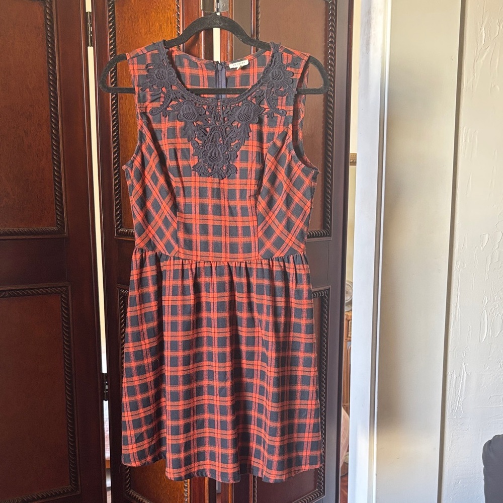 En Creme Red and Black Plaid Mini Dress with Lace Yoke